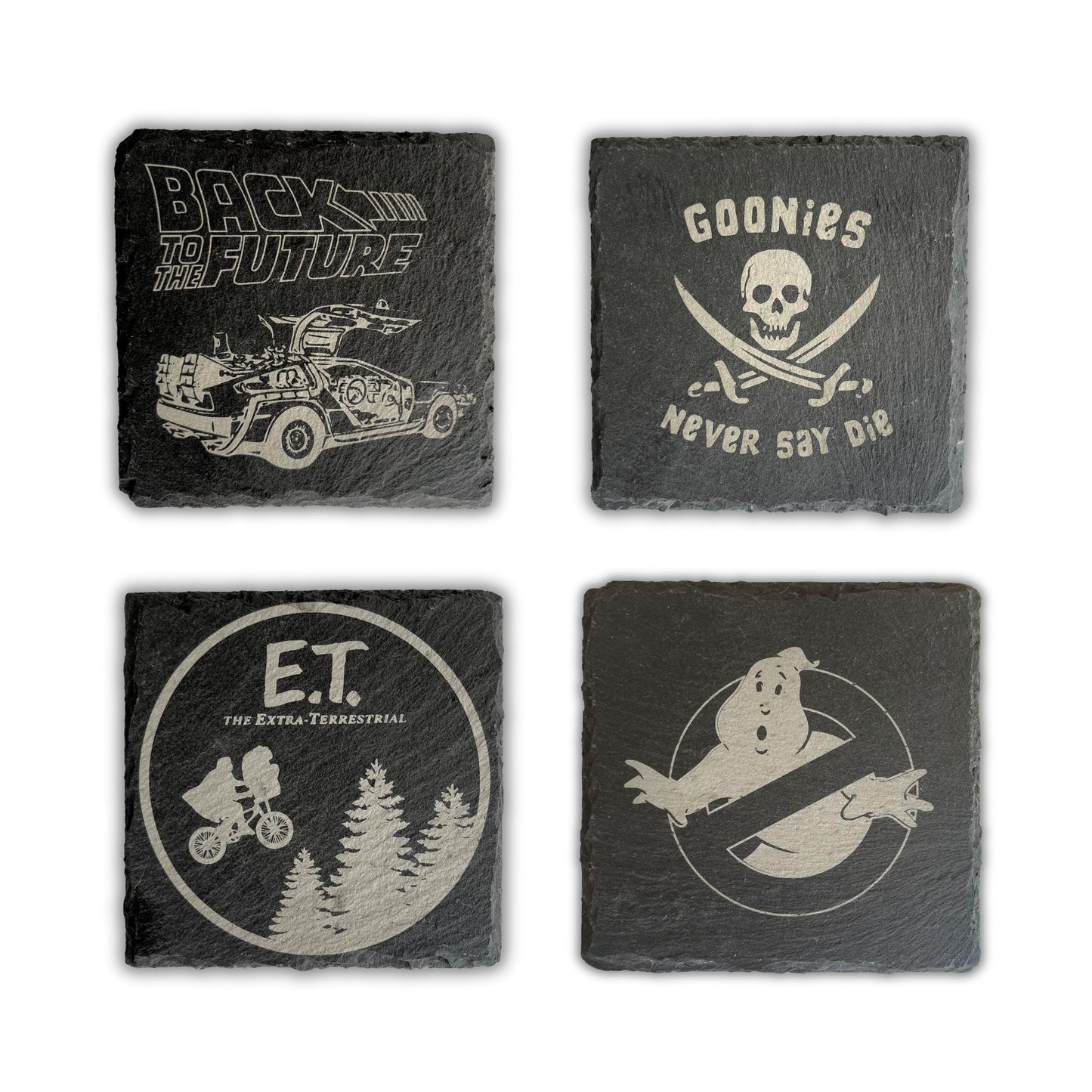1980s Movie Theme Slate Drinks Coasters - Slate Coaster Set of 4, permanently laser engraved slate, Great 1980s Retro Gifts