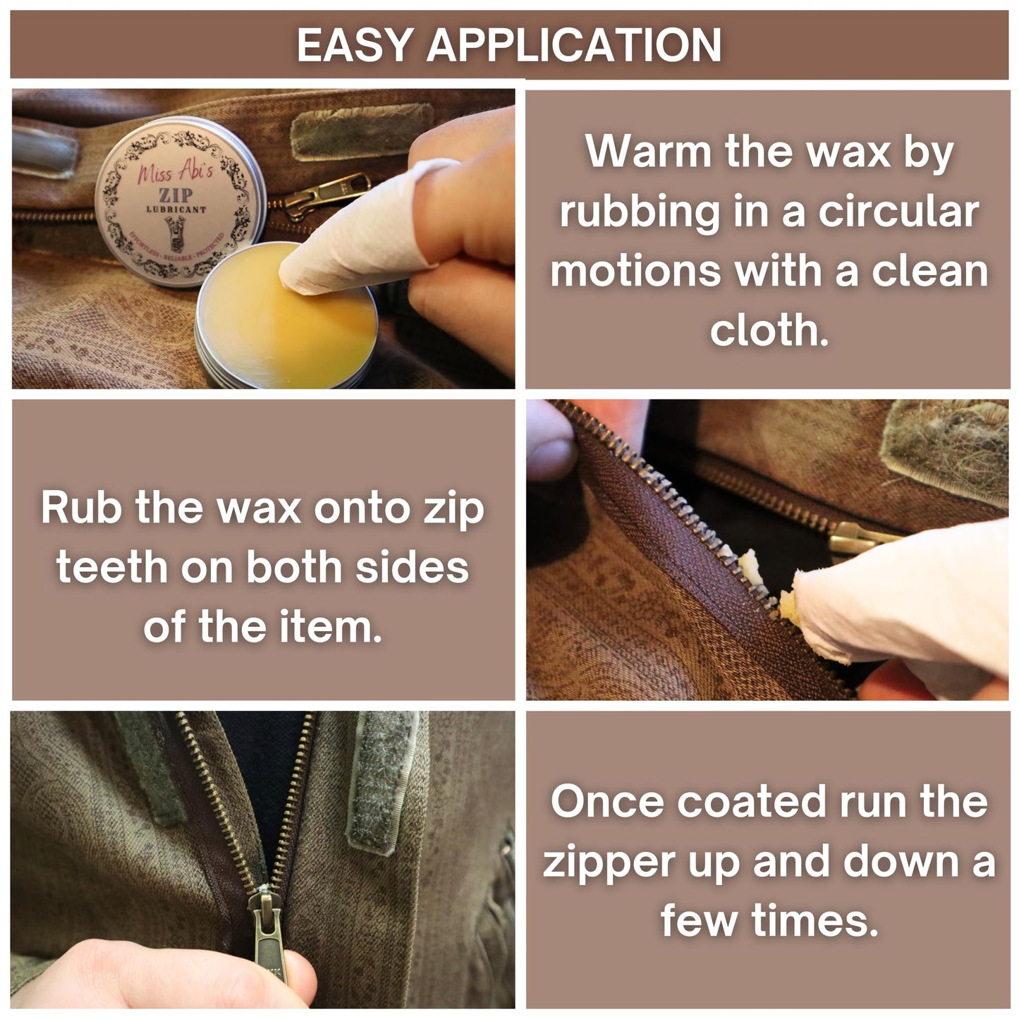 Miss Abi’s Zipper Wax - Zip Lubricant for clothes, bags and boots, snap lube for boats, zipper lube