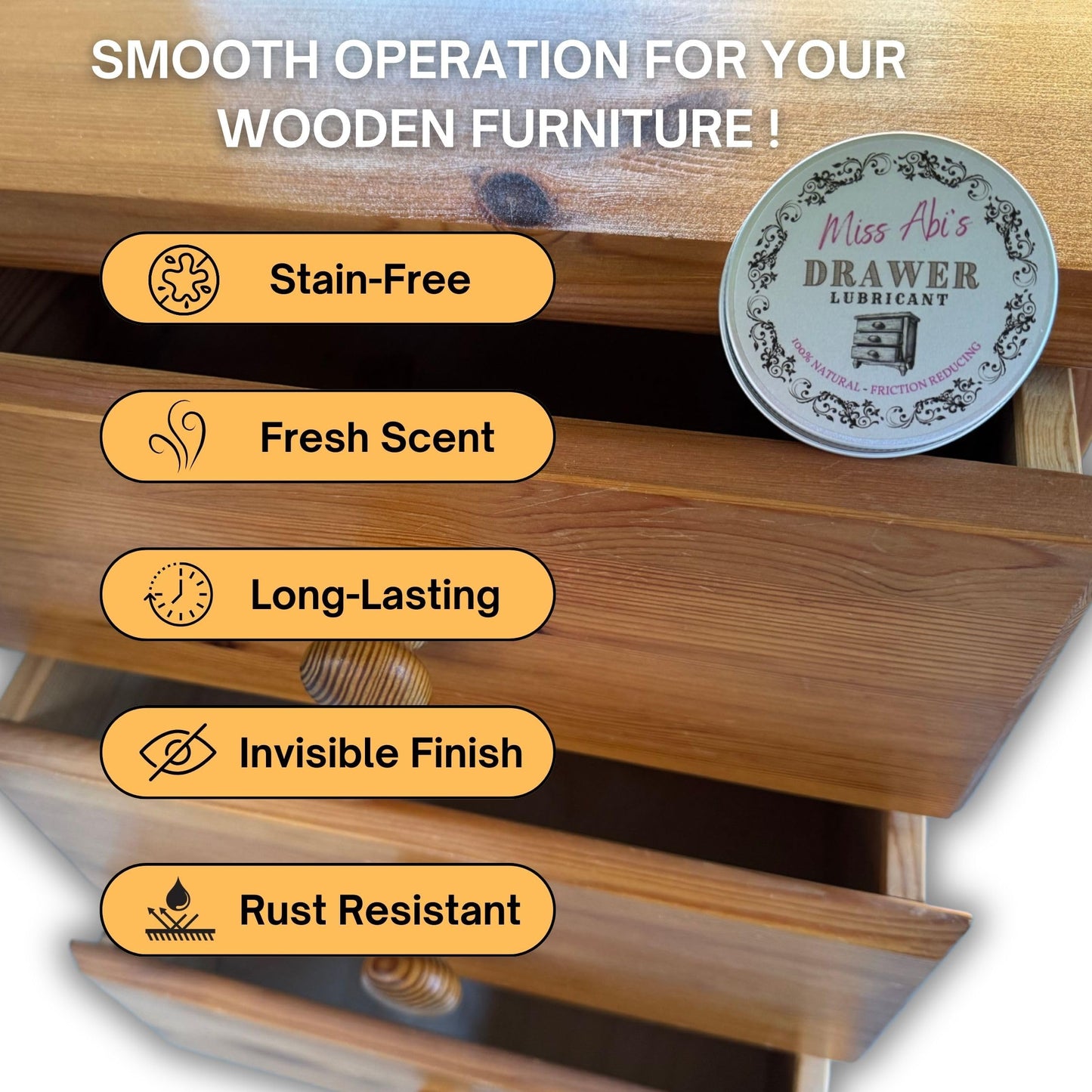 Miss Abi’s Drawer Lubricant - Wax for Draws, Wooden Draw Slide Lubricant, Stiff Drawer Runner, Wood Draw Wax