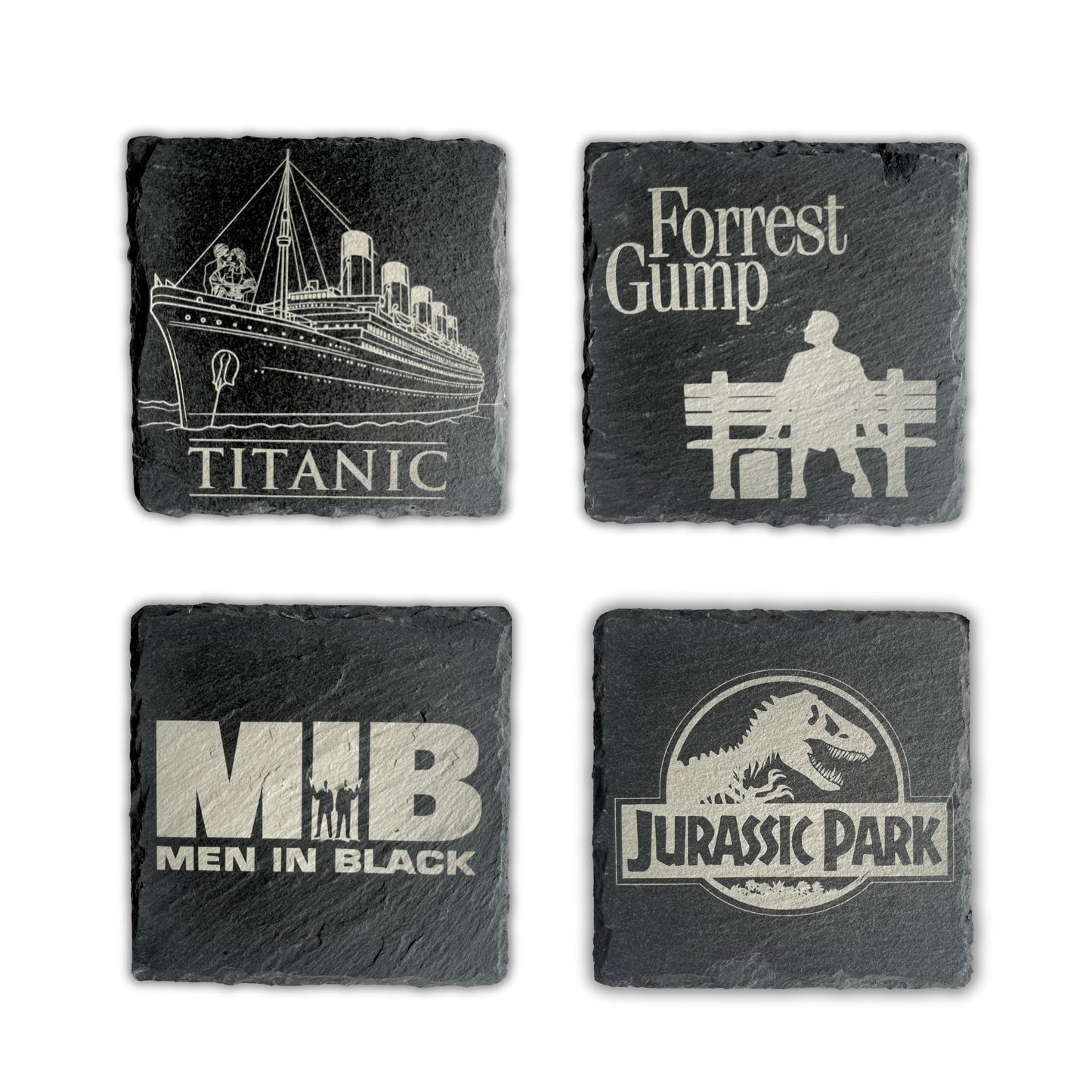 1990s Movie Theme Slate Drinks Coasters - Slate Coaster Set of 4, permanently laser engraved slate, Great 1990s Retro Gifts