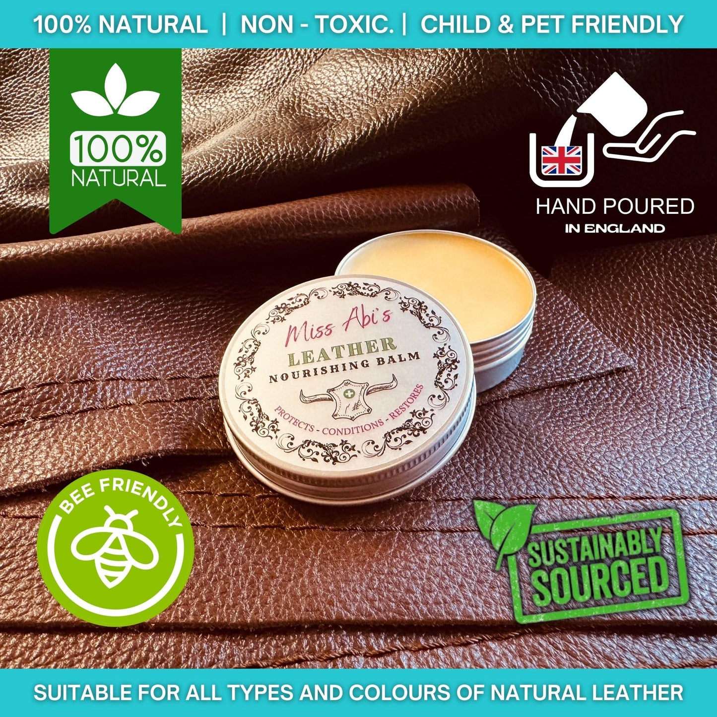 Miss Abi's Leather Nourishing Balm, Cleans, Seals & Protects - 100% Natural Leather Conditioner - Beeswax Leather Conditioner, Beeswax for Leather