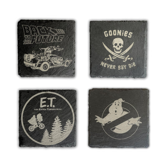 1980s Movie Theme Slate Drinks Coasters - Slate Coaster Set of 4, permanently laser engraved slate, Great 1980s Retro Gifts