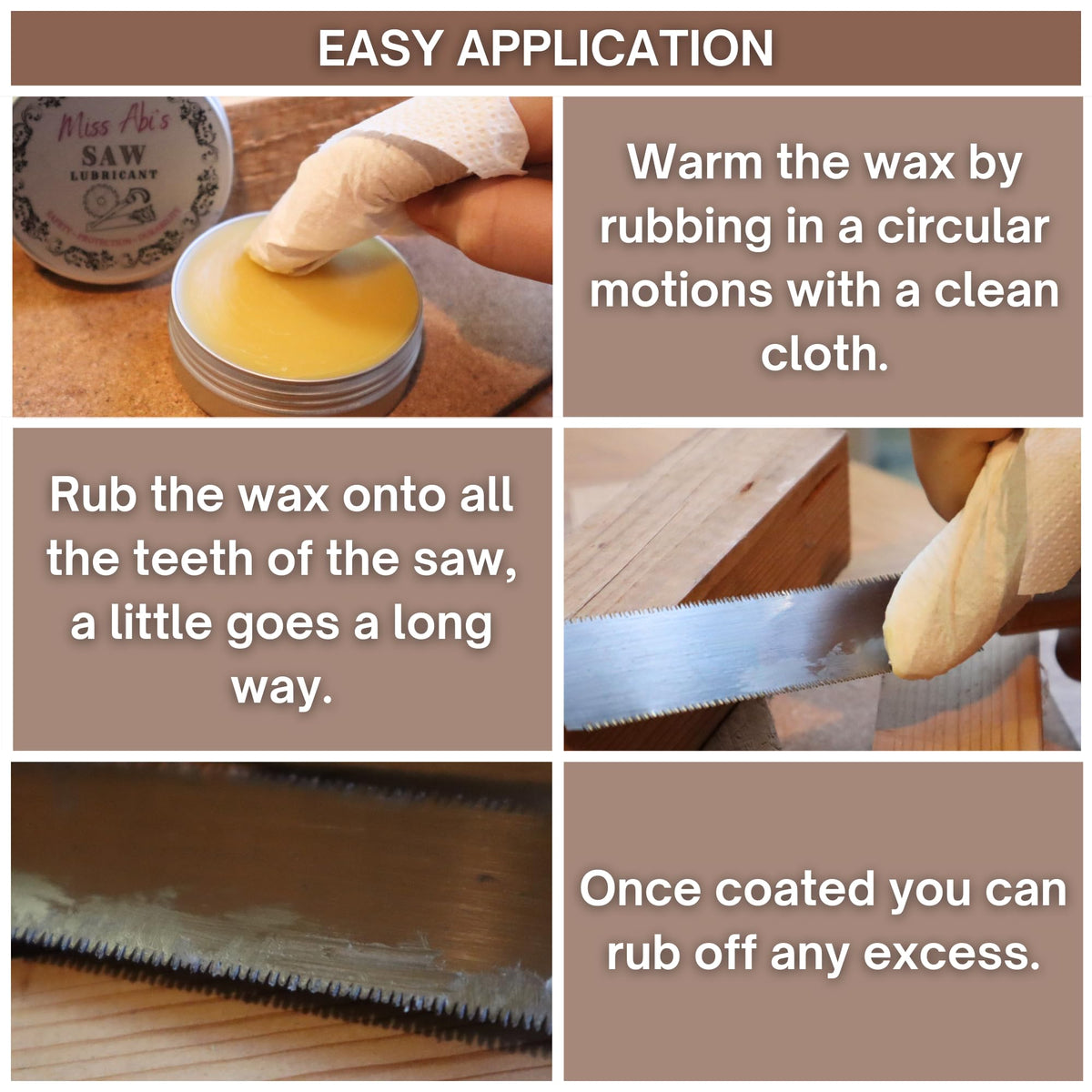 Miss Abi's blade lubricant; Wood saw lubricant, Saw wax, Paste wax for table saw.