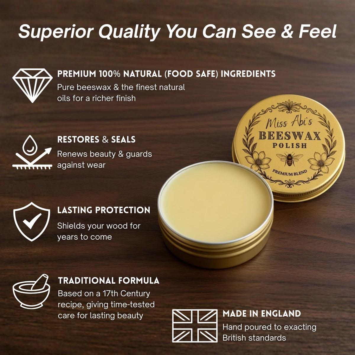 Beeswax Polish for Wood by Miss Abi’s - Premium 100% Natural Wood Wax - UK