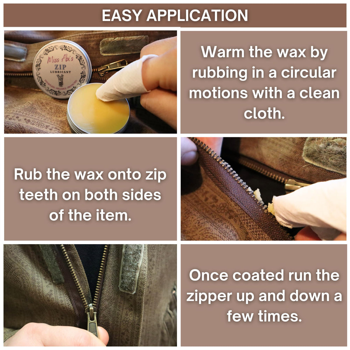 Miss Abi’s Zipper Wax - Zip Lubricant for clothes, bags and boots, snap lube for boats, zipper lube