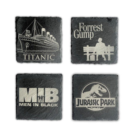 1990s Movie Theme Slate Drinks Coasters - Slate Coaster Set of 4, permanently laser engraved slate, Great 1990s Retro Gifts